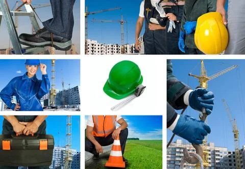 Workers set workers with equipment on building background sets ,model rele... Fotos de archivo