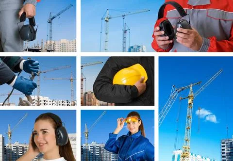 Workers set workers with equipment on building background sets ,model rele... Fotos de archivo