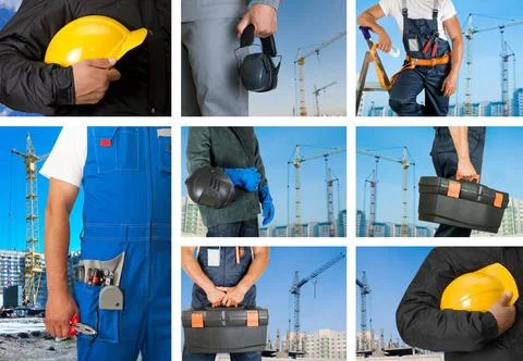 Workers set workers with equipment on building background sets ,model rele... Fotos de archivo