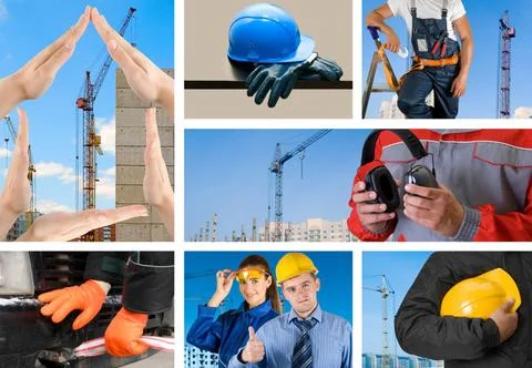 Workers set workers with equipment on building background sets ,model rele... Fotos de archivo
