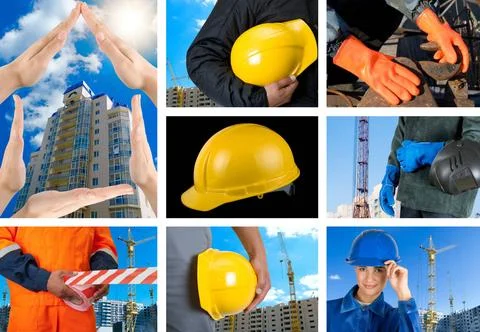 Workers set workers with equipment on building background sets ,model rele... Fotos de archivo