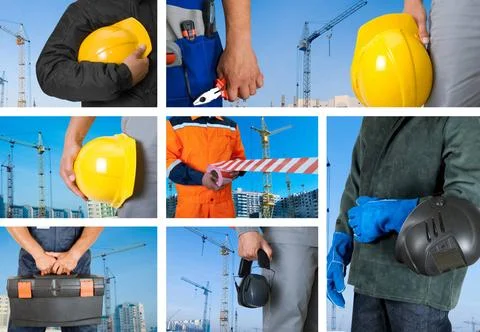 Workers set workers with equipment on building background sets Copyright: ... Fotos de archivo