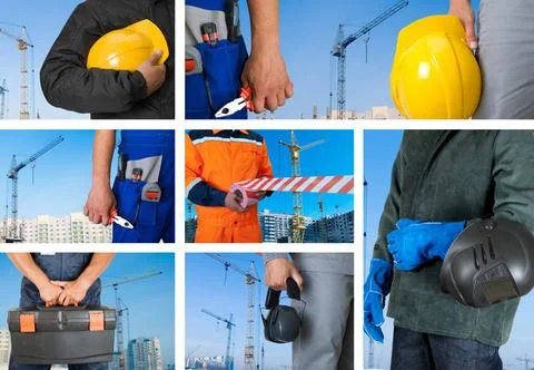 Workers set workers with equipment on building background sets Copyright: ... Fotos de archivo