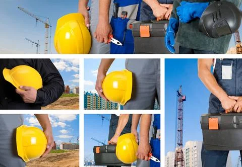 Workers set workers with equipment on building background sets Copyright: ... Fotos de archivo