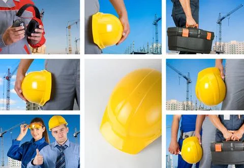 Workers set workers with equipment on building background sets ,model rele... Fotos de archivo