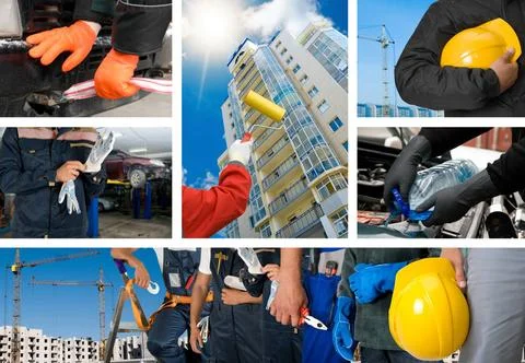 Workers set workers with equipment on building background sets Copyright: ... Fotos de archivo