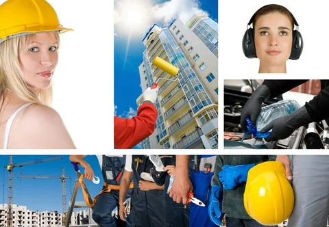 Workers set workers with equipment on building background sets ,model rele... Fotos de archivo