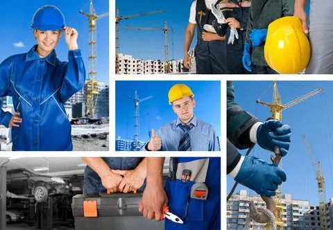 Workers set workers with equipment on building background sets ,model rele... Fotos de archivo