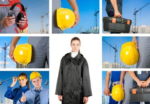 Workers set workers with equipment on building background sets ,model rele... Fotos de archivo