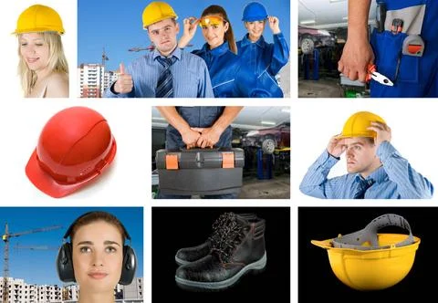 Workers set workers with equipment on building background sets ,model rele... Fotos de archivo