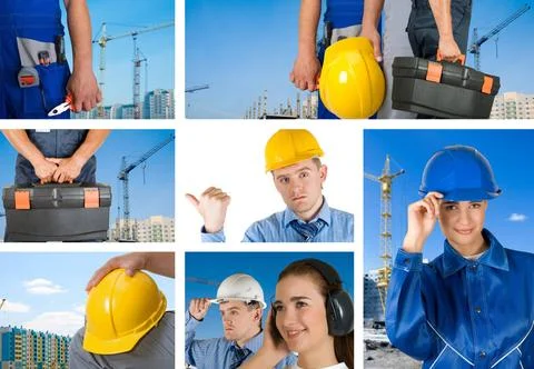 Workers set workers with equipment on building background sets ,model rele... Fotos de archivo