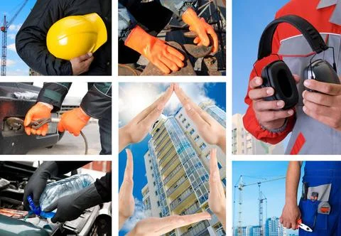 Workers set workers with equipment on building background sets Copyright: ... Fotos de archivo