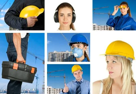 Workers set workers with equipment on building background sets ,model rele... Fotos de archivo
