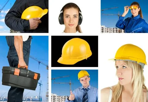 Workers set workers with equipment on building background sets ,model rele... Fotos de archivo