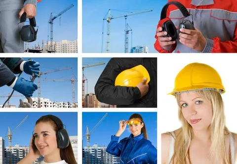 Workers set workers with equipment on building background sets ,model rele... Fotos de archivo