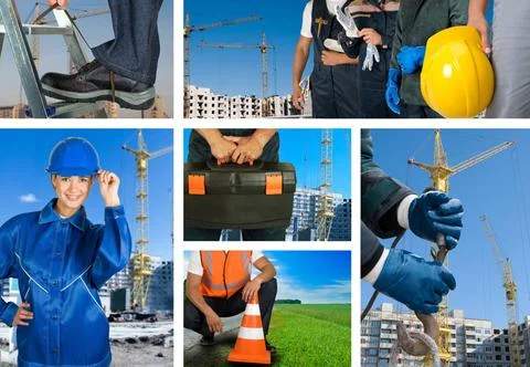 Workers set workers with equipment on building background sets ,model rele... Fotos de archivo