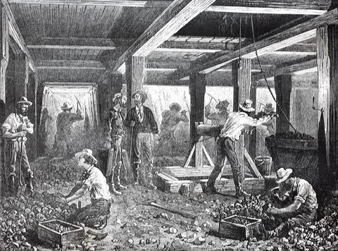 Workers in the silver mines of Nevada in 1880 USA Historical digitally restored Ilustración de archivo