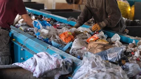 Workers sorting garbage at recycling plant Stock Footage 294019894