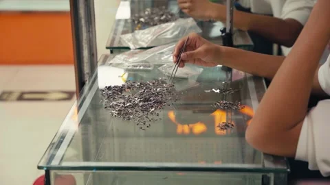 Workers sorting small mobile phone parts indoors Stock Footage 328963077