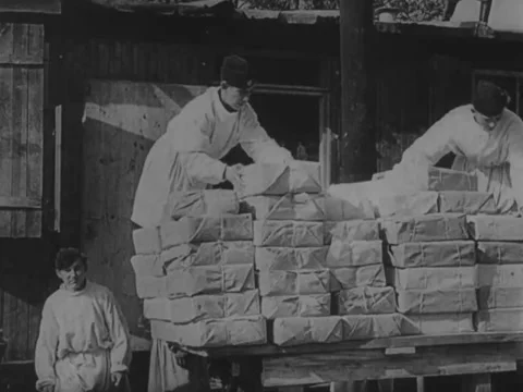 Workers stack parcels under Nazi supervision Stockbeeldmateriaal 221533238