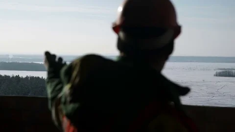 Workers stand on the balcony and look at the opening view Stock Footage 82145517