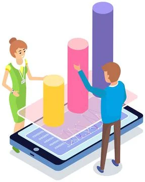 Workers standing near smartphone with data, starting new startup based on Stock Illustration