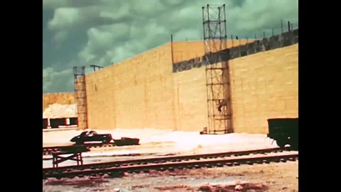 Workers at a sulphur plant use dynamite to break up the large solidified blocks Stock Footage 82384827