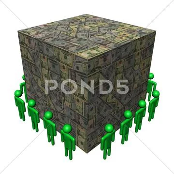 Workers surrounding giant dollar cube illustration Stock Illustration
