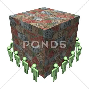 Workers surrounding giant rupees cube illustration Stock Illustration