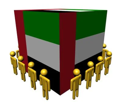 Workers surrounding uae flag cube illustration Stock Illustration
