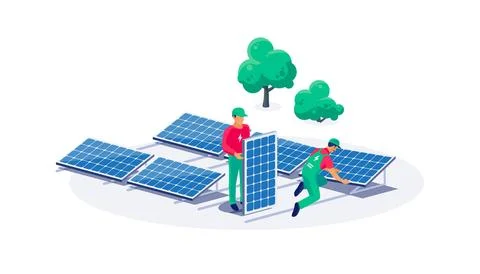 Workers technicians installing solar panels on ground Stock Illustration