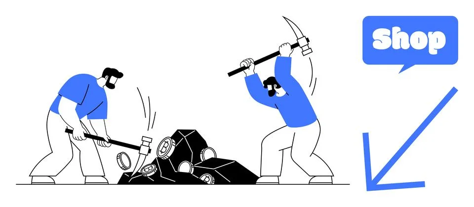 Workers with Tools Mining Digital Currencies Near Shopping Icon Stock Illustration