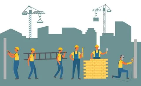 Workers in Town, Construction and Building Zone Stock Illustration