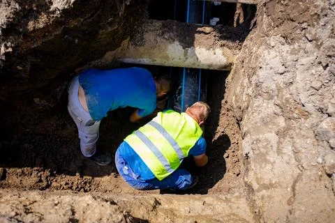 Workers in trench working to assembly new HDPE pipeline Stock Photos