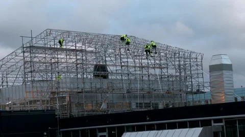 Workers trying to build a house skeleton. Stock Footage 48710398