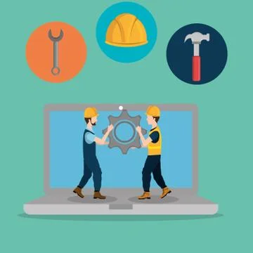 Workers under construction with laptop Stock Illustration