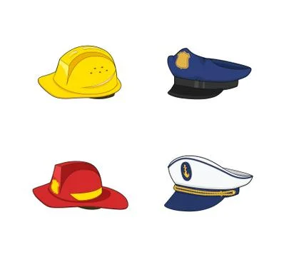 Workers uniform. Policeman, fireman, captain, builder hat set. Fireman Red an Stock Illustration