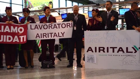 Workers in uniform protesting in malpensa airport Stock Footage 280798937