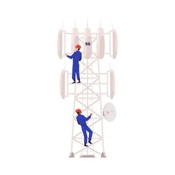 Workers in uniform working on 5g tower, flat vector illustration isolated on Stock Illustration