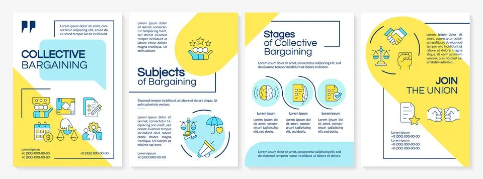 Workers union bargaining blue and yellow brochure template Stock Illustration
