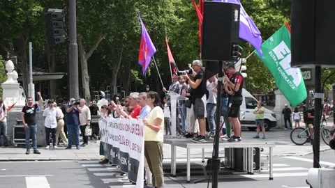 Worker's union strike day one. Bilbao. Flags, march, crowd, speech. Power Stock Footage 198311355