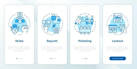 Workers union strike tactics blue onboarding mobile app screen Stock Illustration