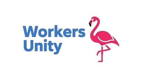 Workers unity represented by bold blue text and a pink flamingo standing. Illustration