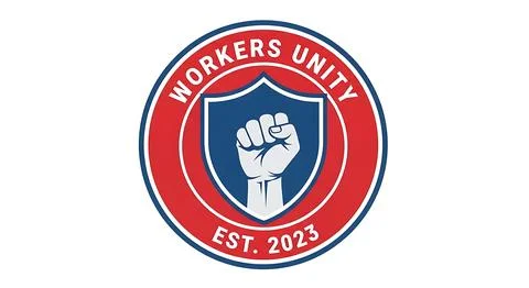 Workers unity shield logo with raised fist inside a circle for labor movement Illustration