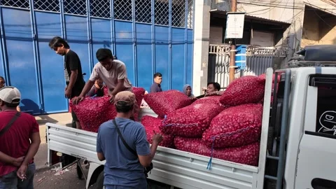 Workers unload onion sacks from a truck outdoors Stock Footage 345156519