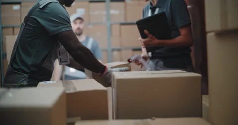 Workers Unloading Cardboard Boxes from Delivery Truck. Manager Using Tablet and Vídeo Stock 312272731