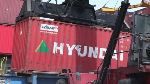 Workers unloading shipping containers at a busy port in daylight Video stock 318201452