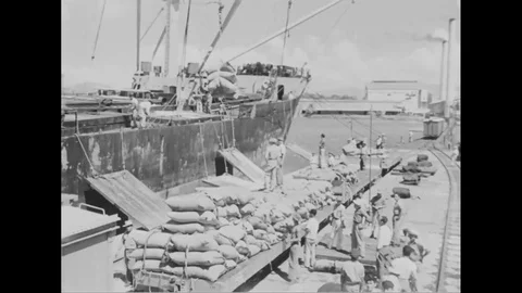 Workers unloads sugar sacks into a ship for shipping - 1959-1962 Stock Footage 101724370