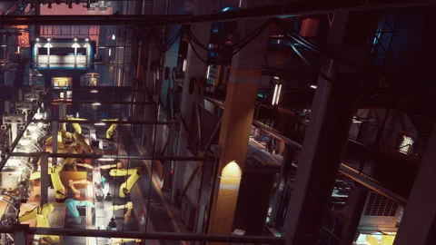Workers use robotic arms in a busy factory setting during the day Stock Footage 344173063
