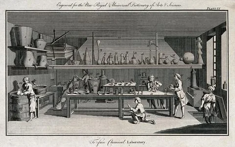 Workers using apparatus in a chemical laboratory. Etching, ca. 1769. Illustrazione stock